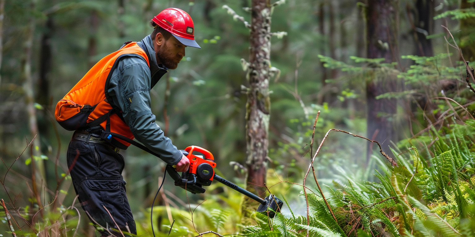 Battery-powered brush cutter in action